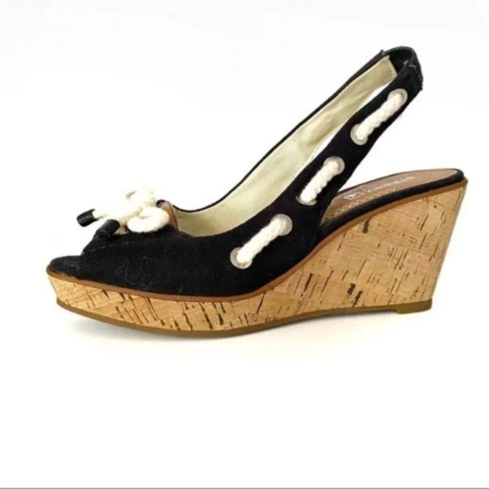 Sperry Southport Black Canvas Wedge Sandals Nautical Casual Comfort Size 7